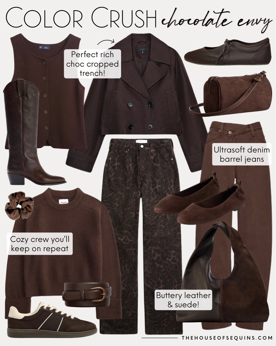 Shop chocolate brown fall outfit finds! Cropped trench, leopard jeans, barrel jeans, western boots, chocolate brown suede bag, Abercrombie jeans, Gap jeans, ballet flats and more! 

#LTKFindsUnder50 #LTKFindsUnder100 #LTKSaleAlert