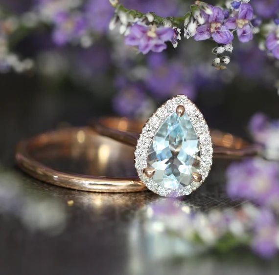 14k Rose Gold Aquamarine Halo Diamond Engagement Wedding Ring Set 9x6mm Pear Aquamarine Ring and Sol | Etsy (US)