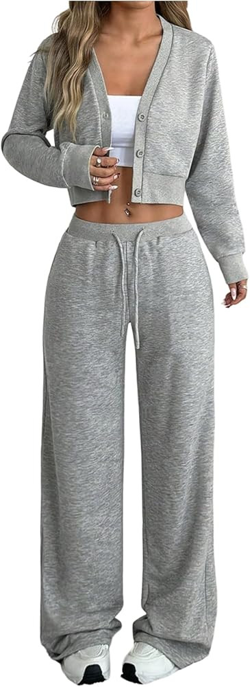 Verdusa Womens Sweatsuit Sets Two Piece Lounge Travel Sets Long Sleeve Button Down Crop Top and S... | Amazon (US)