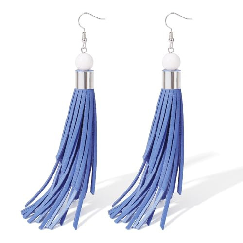Coiris Boho Leather Layered Tassel Earrings for Women Lightweight Leather Fringe Dangle Earrings Handmade Bohemian Summer Beach Western Drop Earrings for Women（ER1306-Blue） | Amazon (US)