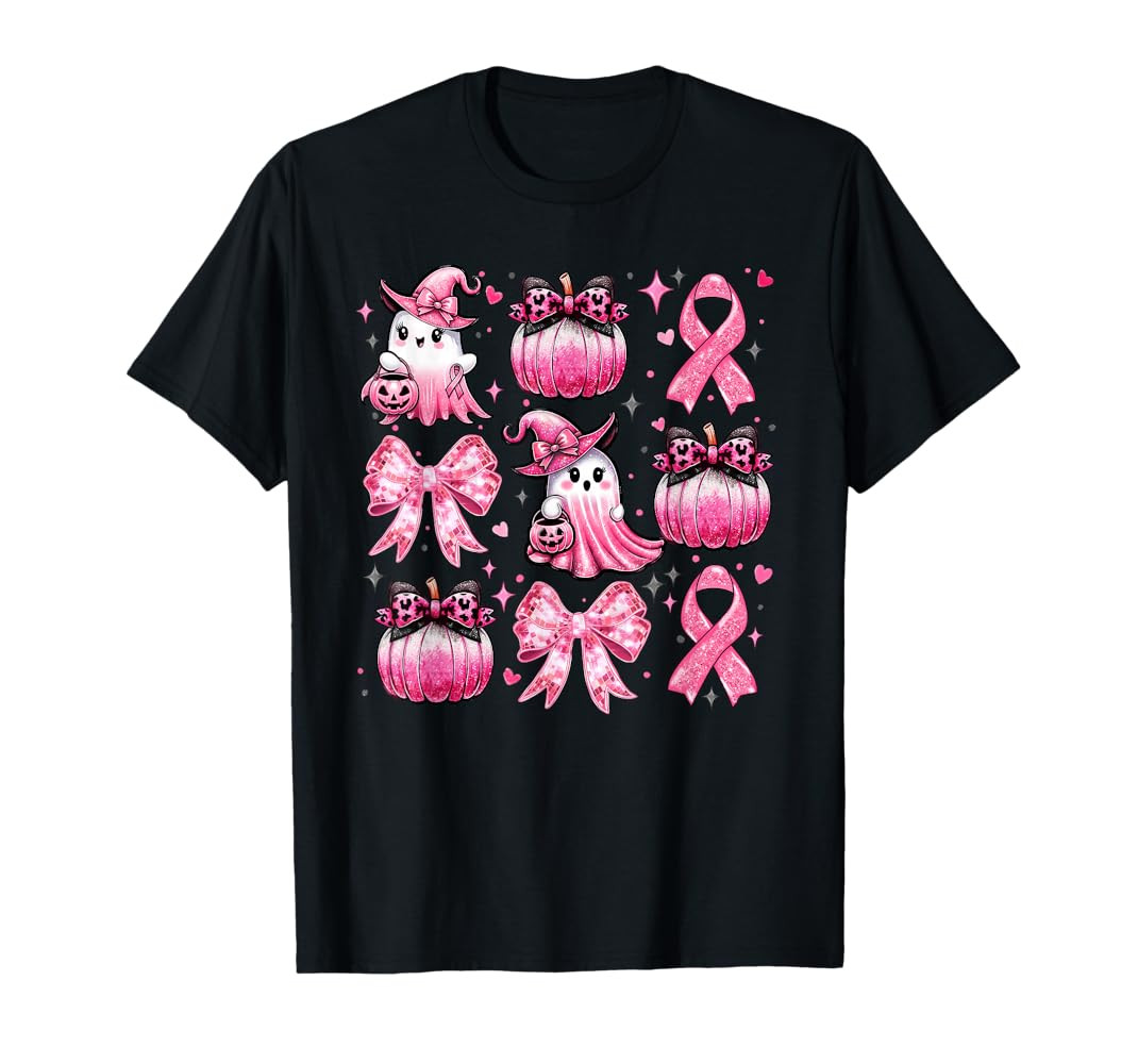 Pink Ghost Coquette Bow Halloween Breast Cancer Awareness T-Shirt | Amazon (US)