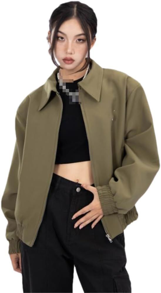 Women Vintage Bomber Jacket Long Sleeve Zipper Short Jackets Coats Loose Pockets Outwear | Amazon (US)