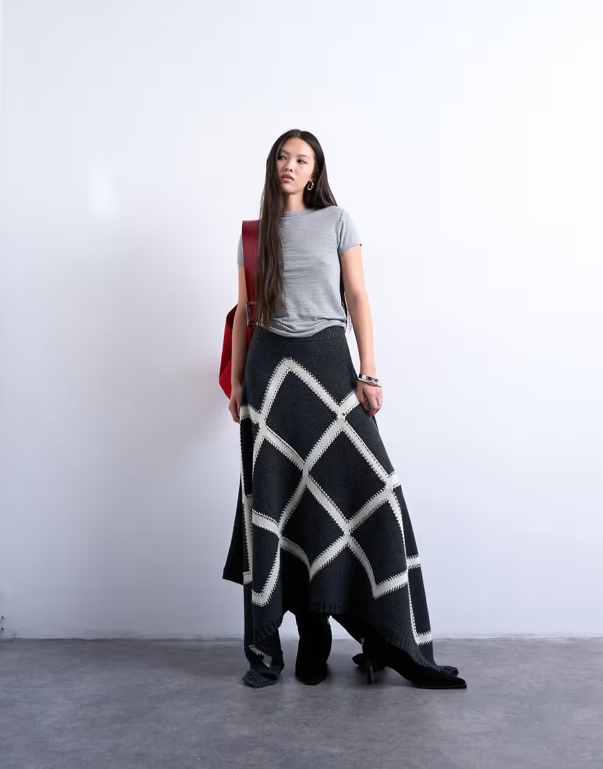 Topshop knitted argyle co-ord skirt in charcoal-Grey | Topshop