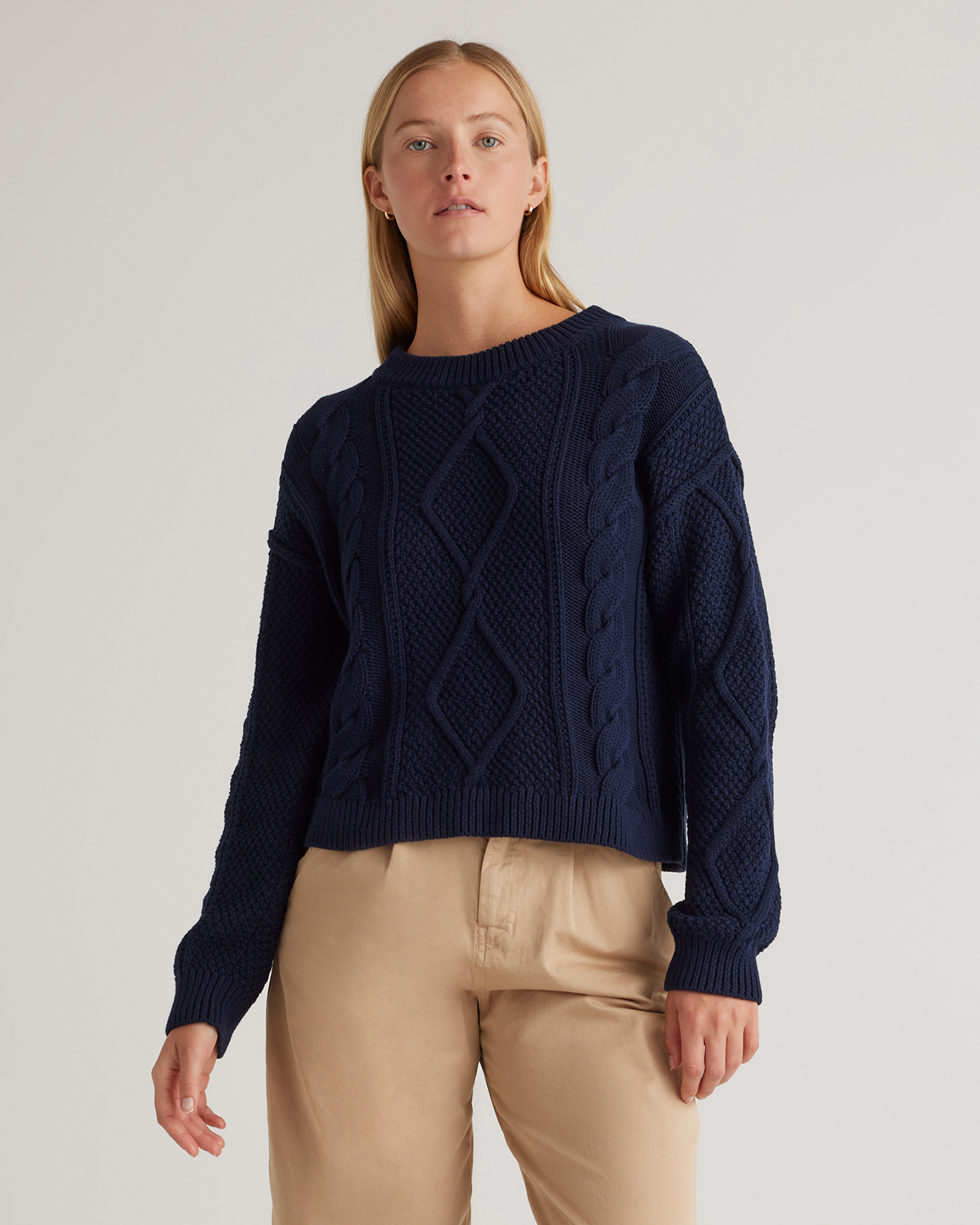 Quince | Women's Cropped Cable Crew Sweater in Navy, Size XS, Organic Cotton | Quince