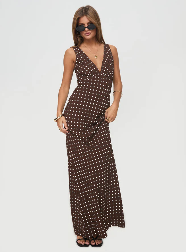Nellie Maxi Dress Brown Polka Dot | Princess Polly US