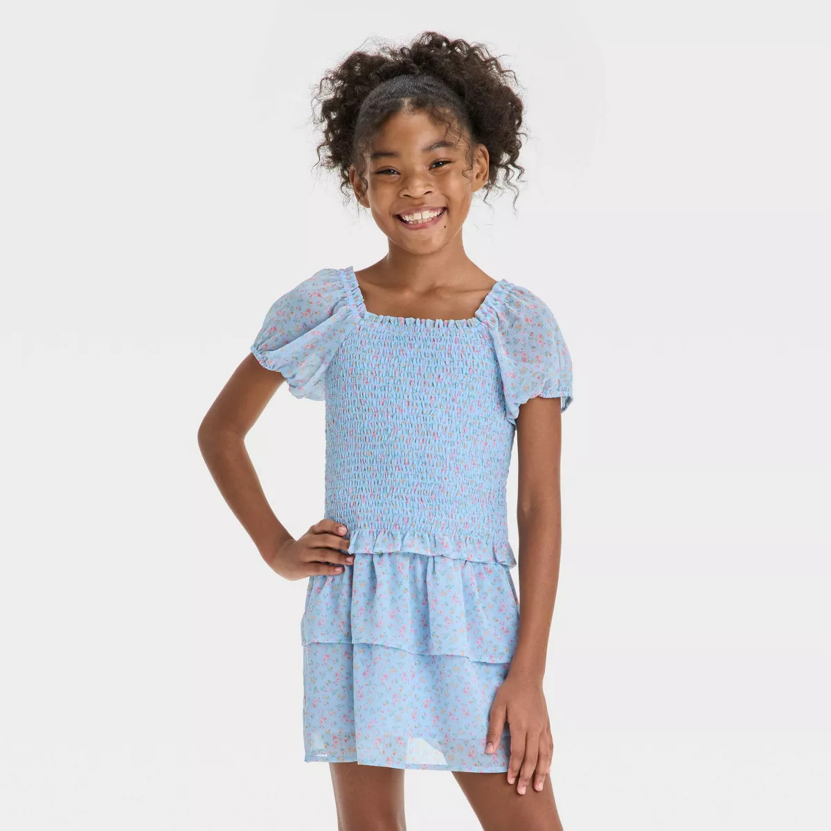 Girls' Short Sleeve Smock Chiffon Floral Top - Cat & Jack™ Blue M | Target