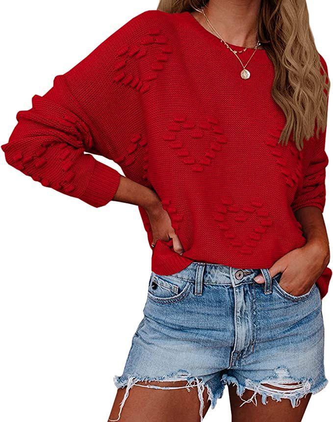 Tutorutor Womens Cute Heart Love Print Valentine Sweater Tops Oversized Crew Neck Dot Ball Loose ... | Amazon (US)