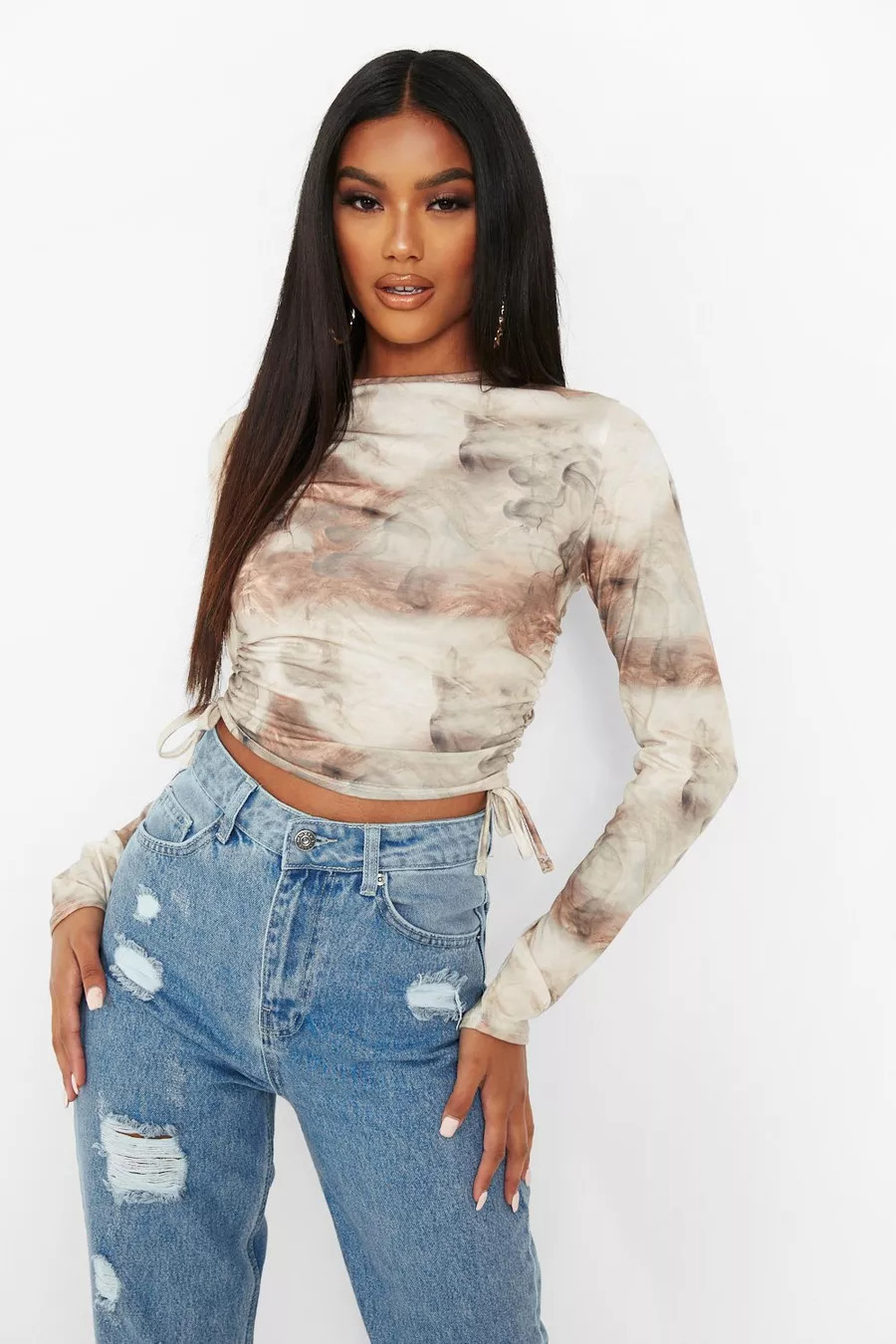 Marble Print Ruched Side Long Sleeve Crop Top | Boohoo.com (US & CA)