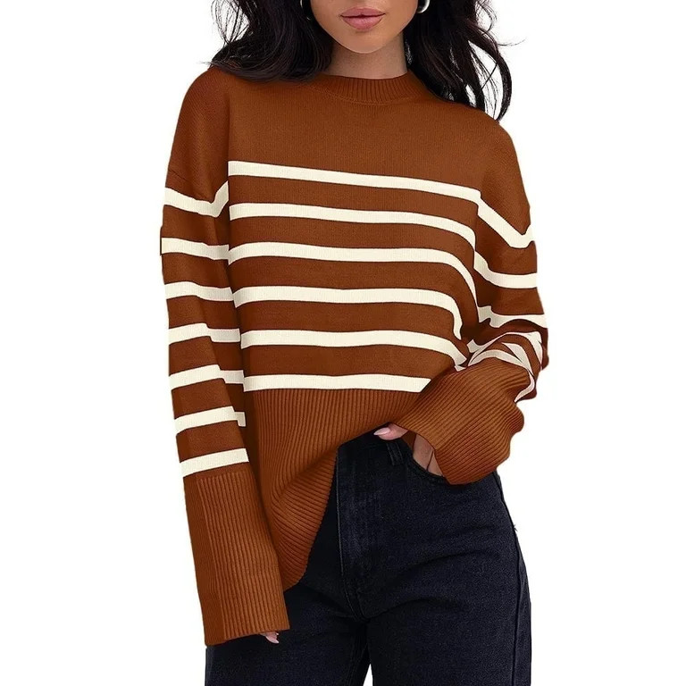 Amazhiyu Women's Striped Pullover Sweaters Batwing Long Sleeve Crew Neck Ribbed Knit Side Slit Fa... | Walmart (US)