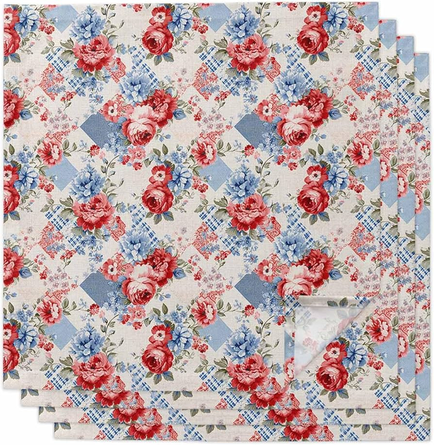 4th of July Cloth Napkins Red Blue Flower Floral Napkins Set of 4, 20x20 Inch Soft Reusable Napki... | Amazon (US)