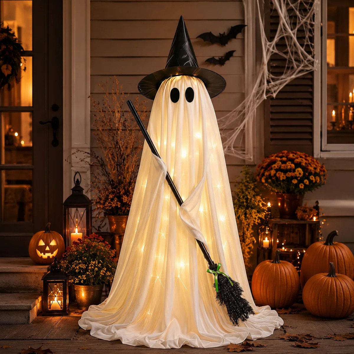 Lighted Halloween Ghost Porch Decoration with Witch Hat and Broom | Wayfair North America