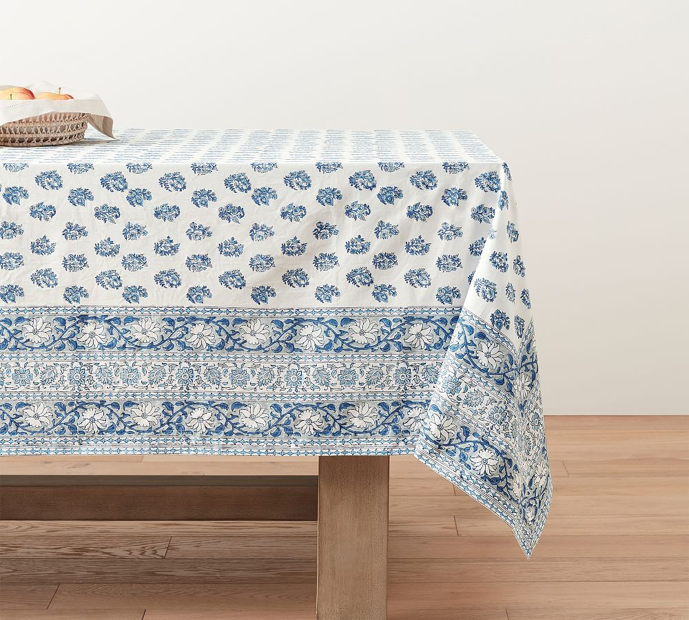 Sophia Block Print Floral Cotton Tablecloth - Blue | Pottery Barn (US)