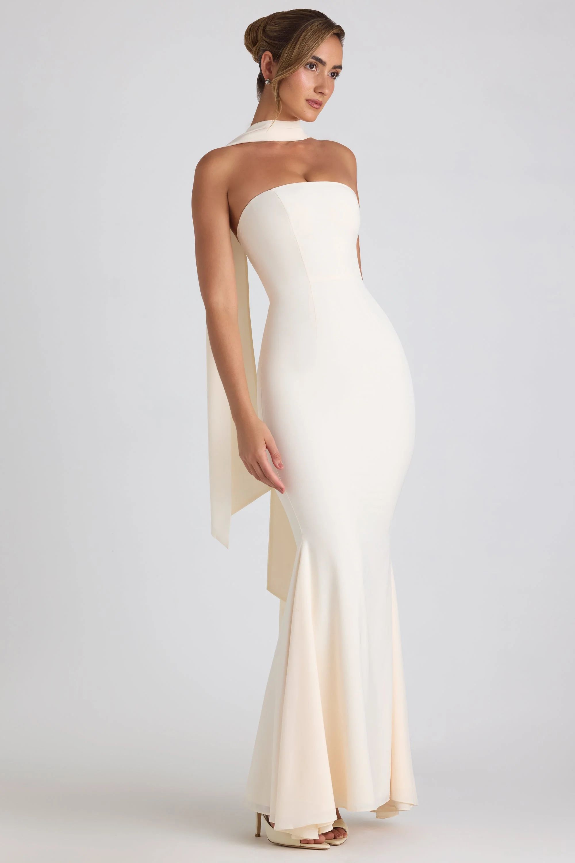 Scarf-Detail Strapless Gown in Ivory | Oh Polly