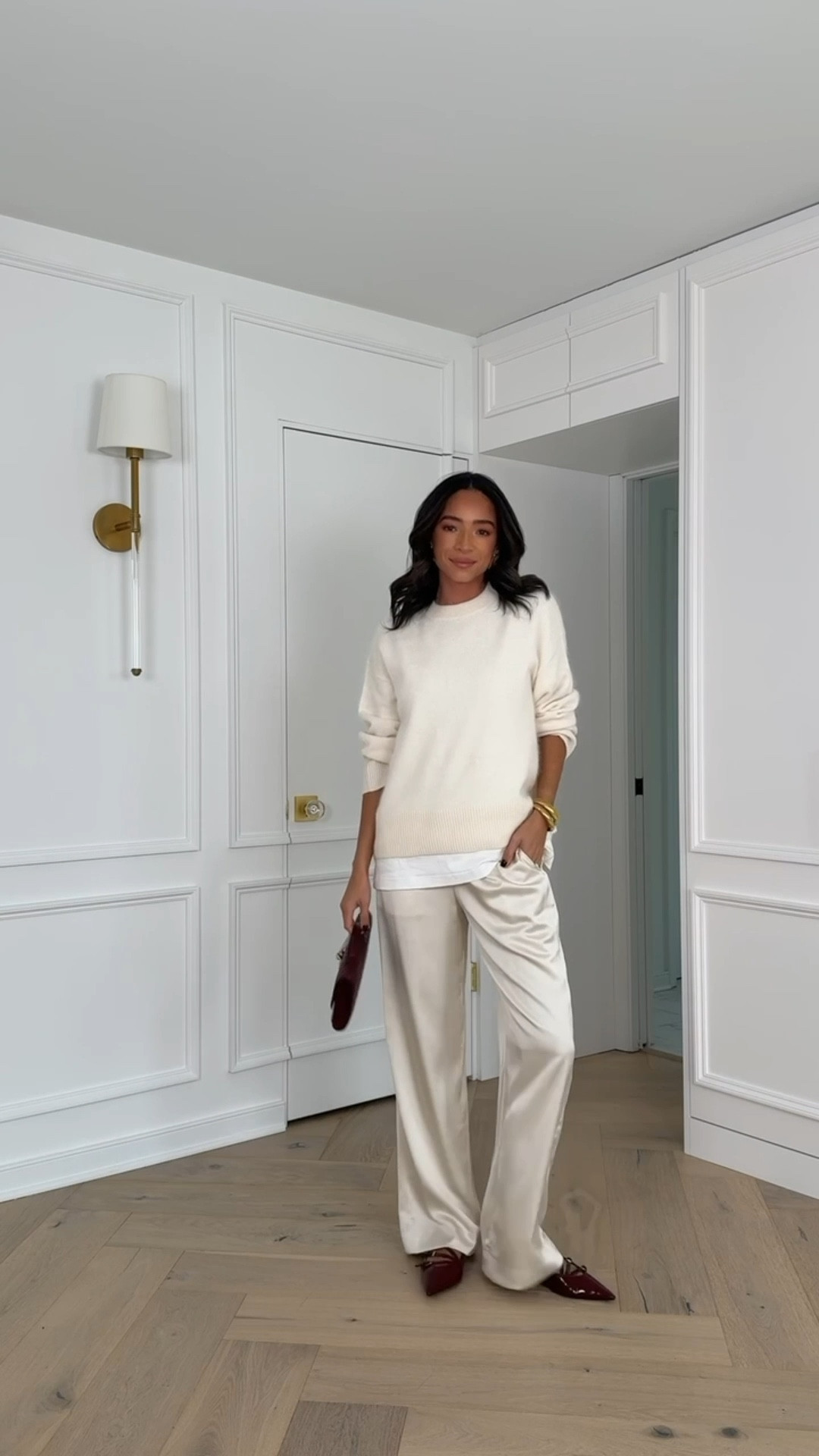 Comfy chic Christmas outfit! 🤍 Wearing size S white tee, size M cream sweater and size S satin pull on pants 

Holiday outfit 
Holiday party outfit 
Hosting outfit 
Winter outfit 
Winter fashion 
Winter whites 

#LTKHoliday #LTKFindsUnder100 #LTKSeasonal