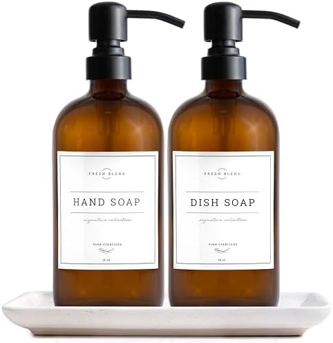 MaisoNovo Amber Plastic Soap Dispenser with Bamboo Tray - Soap Dispenser Bathroom Set of 2 - Hand... | Amazon (US)