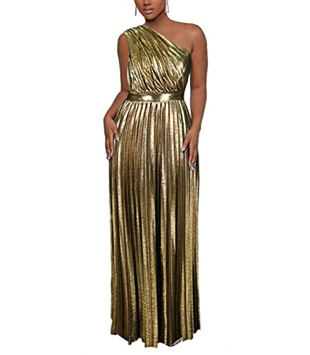 AOMEI Women's Gold Luxury Metallic One Shoulder Sleeveless Elegant Pleated Long Dress (L,Large) | Amazon (US)