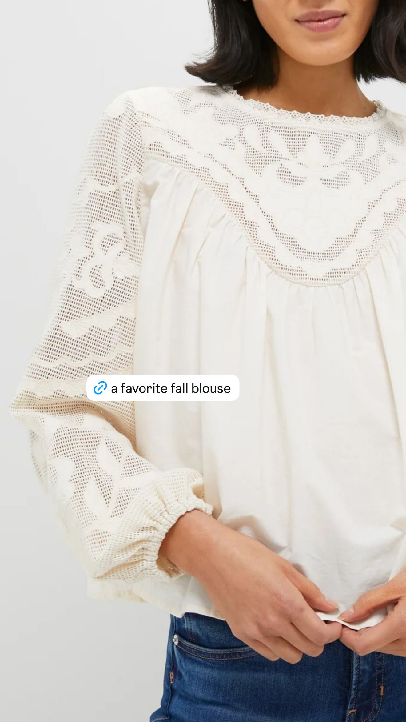 a favorite fall blouse 🤍 i love the soft ivory color and all of the lace detail, especially through the sleeves and neckline. it feels feminine and special, but still easy enough for everyday. so good with denim and flats now, then tucked into trousers or layered under a jacket once it gets cooler.  

 