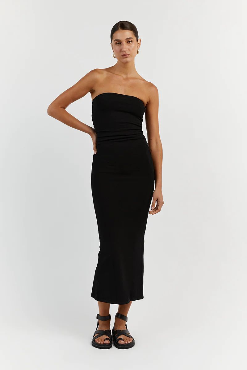 CARRIE BLACK RUCHED MIDI DRESS | DISSH