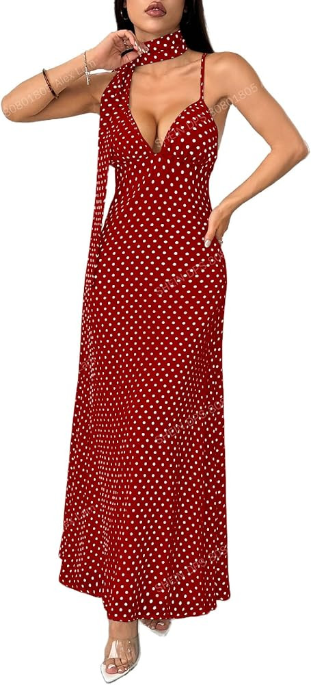 GORGLITTER Women's Deep V-Neck Polka Dots Mesh Tie Backless Sleeveless Long Maxi Dress with Scarf | Amazon (US)
