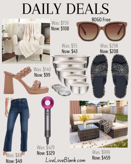 Daily deals 
Barefoot dreams blanket save $50
Dolce vita heels under $100
Quay sunglasses are BOGO free
Dyson hair dryer save $100
Patio sofa set 4 pieces save $540!
Set of 5 stainless steel mixing bowls with grated attachments save 21%
Express jeans on sale for $49
Tory Burch espadrille sandals save 30%

#LTKFind #LTKstyletip #LTKsalealert