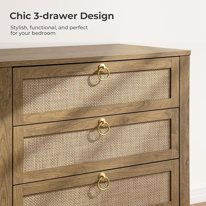 SICOTAS Night Stand with Drawers, Large Rattan Bedside Table with Golden Handle, 3 Drawers Nights... | Amazon (US)