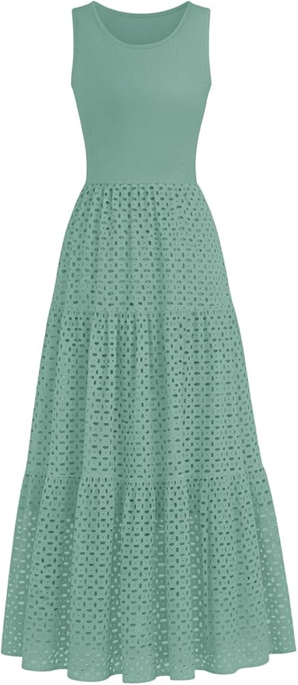 Lazysmile Womens Summer Dresses Crewneck Sleeveless A-Line Hollow Out Eyelet Tiered Tank Maxi Dre... | Amazon (US)