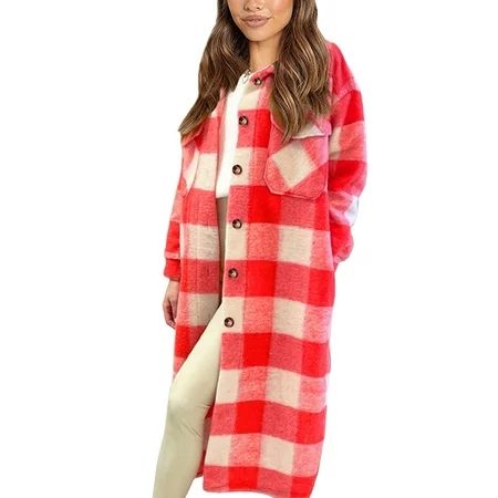 CenturyX Womens Button Down Long Plaid Flannel Shirts Cardigan Long Sleeve Pockets Jacket Boyfriend  | Walmart (US)