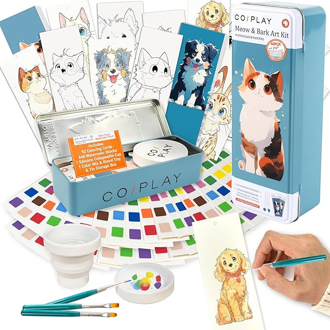 COIPLAY 648 Color Blocks Watercolor Paint Set, 52-Bookmarks, 3 Brushes, Silicone Cup, Meow/Bark C... | Amazon (US)