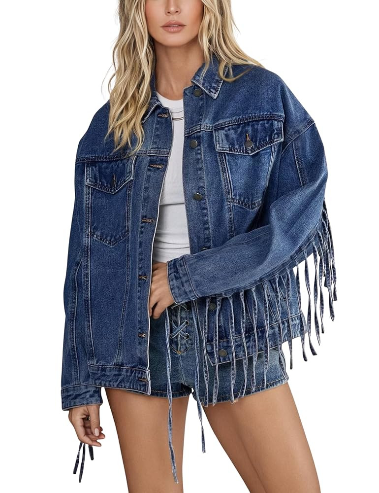 Omoone Women's Oversized Denim Fringed Jacket Tassel Jean Jackets Fall Outfits 2025 with Pockets | Amazon (US)