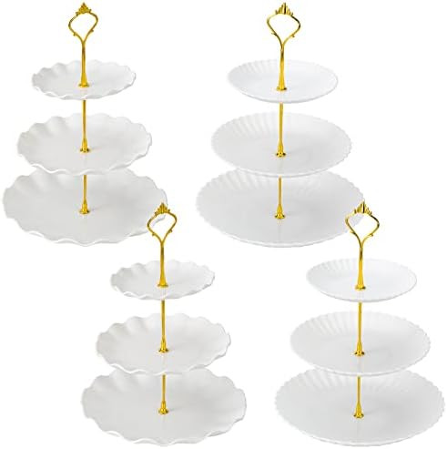 4 Pieces 3 Tier Serving Tray White Cupcake Stand Dessert Stand Tiered Serving Trays with Gold Rod... | Amazon (US)