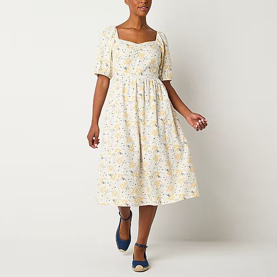 new!a.n.a Short Sleeve Midi Floral A Line Dress | JCPenney