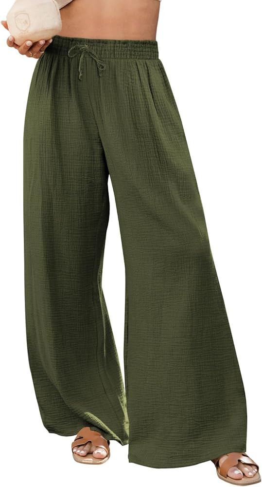 miduo Womens Cotton Drawstring Elastic High Waist Palazzo Pants Wide Leg Pants Casual Lounge Pant... | Amazon (US)