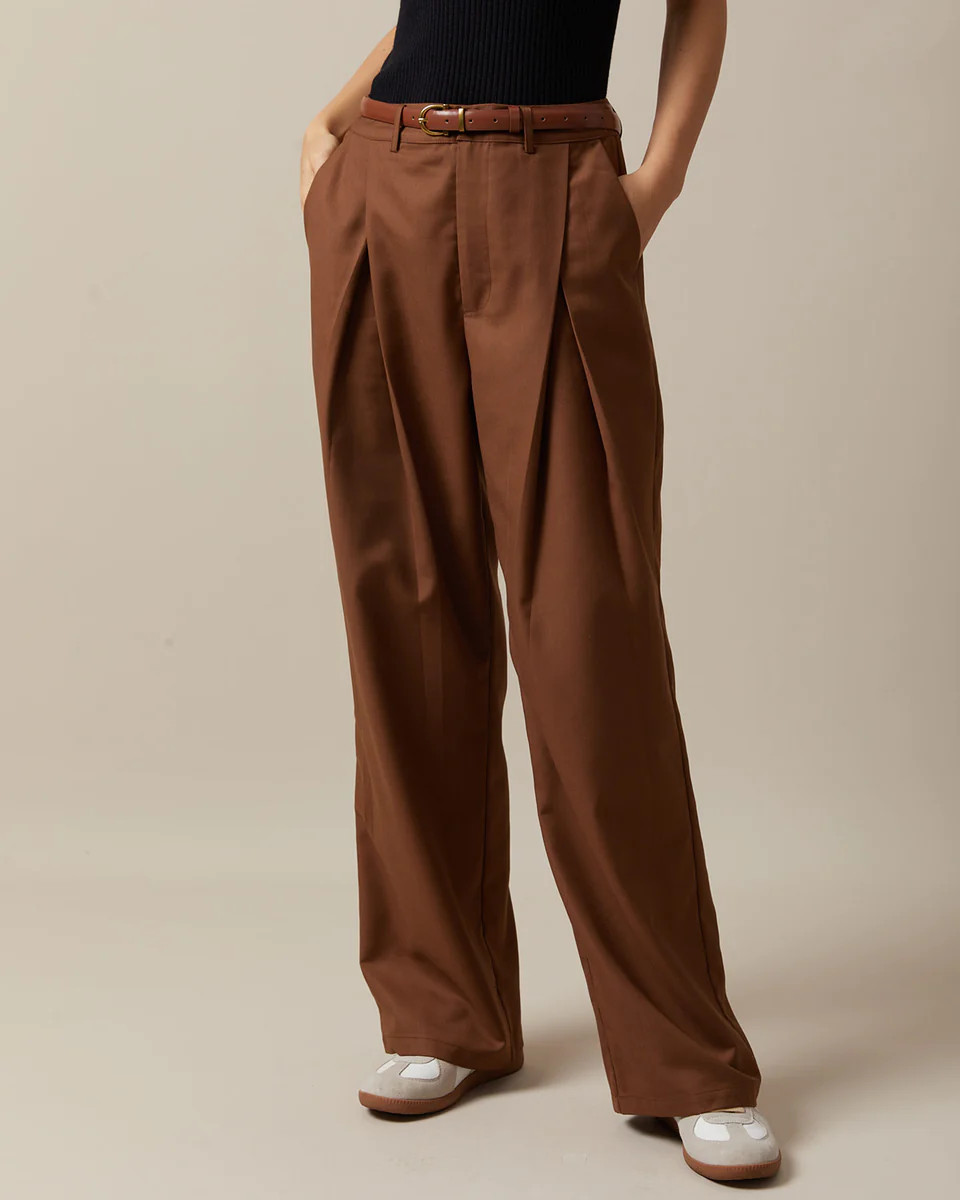 The Brown High Waisted Pleated Straight Pants | rihoas.com
