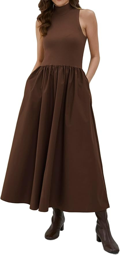 Sleeveless Maxi Dress for Women Patchwork Turtleneck Pullover Dresses with Pockets Casual Plain F... | Amazon (US)
