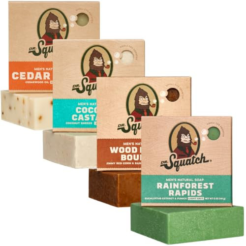 Dr. Squatch Natural Bar Soap for Men - Cold Process Soap with No Harsh Chemicals - Rainforest Rapids, Wood Barrel Bourbon, Coconut Castaway & Cedar Citrus (5 oz, 4-Pack) | Amazon (US)