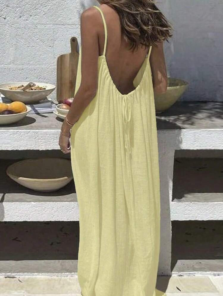 Women's Solid Color Backless Lace Up Loose Spaghetti Strap Dress | SHEIN