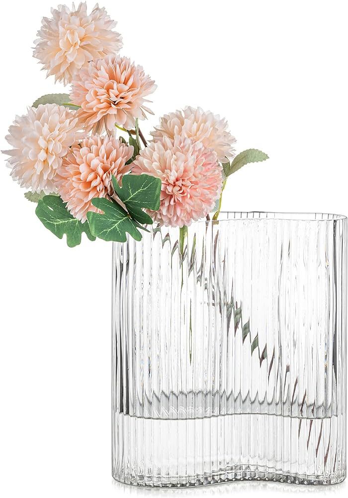 Glasseam Clear Vases for Decor, Large Ribbed Glass Vase for Flowers, Fluted Aesthetic Modern Vase... | Amazon (US)