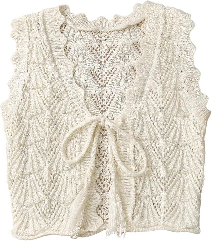 Verdusa Women's Crochet Sweater Vest Vacation Bow Tie Sleeveless Knit Tops | Amazon (US)