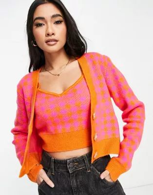 Vila knitted top and cardigan co-ord in bright check | ASOS | ASOS (Global)