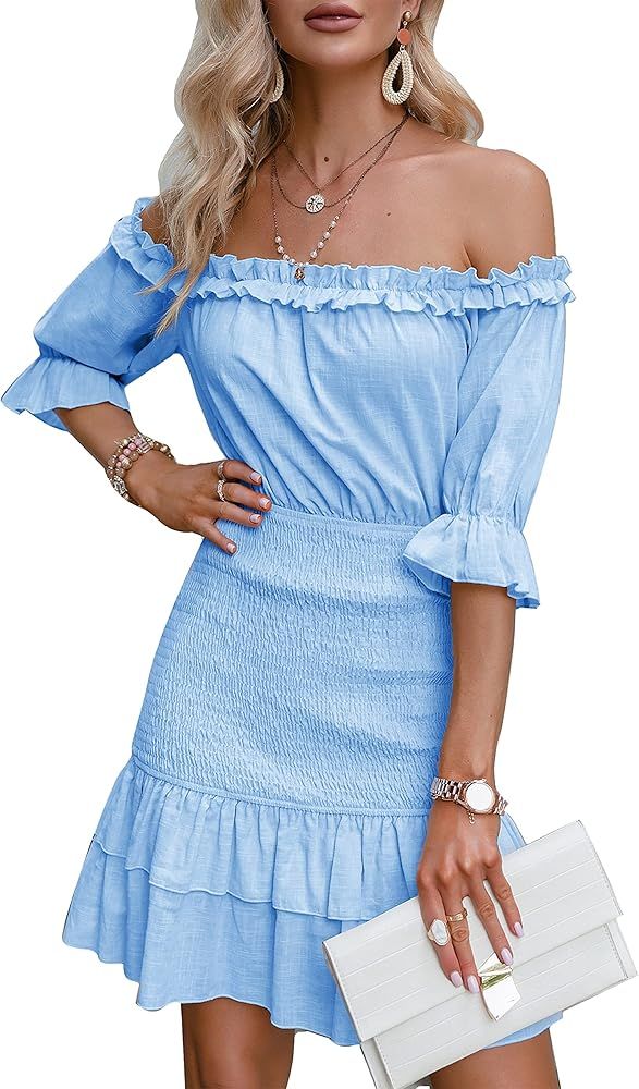 Amegoya Women's Summer Off Shoulder Ruffle Half Sleeve Cotton Beach Mini Dress | Amazon (US)