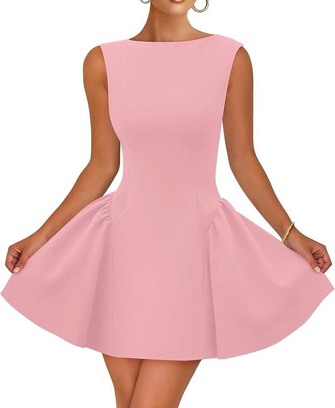 ZESICA Women's 2025 Summer Sleeveless Cocktail Mini Dress Boat Neck Backless Swing A Line Wedding... | Amazon (US)