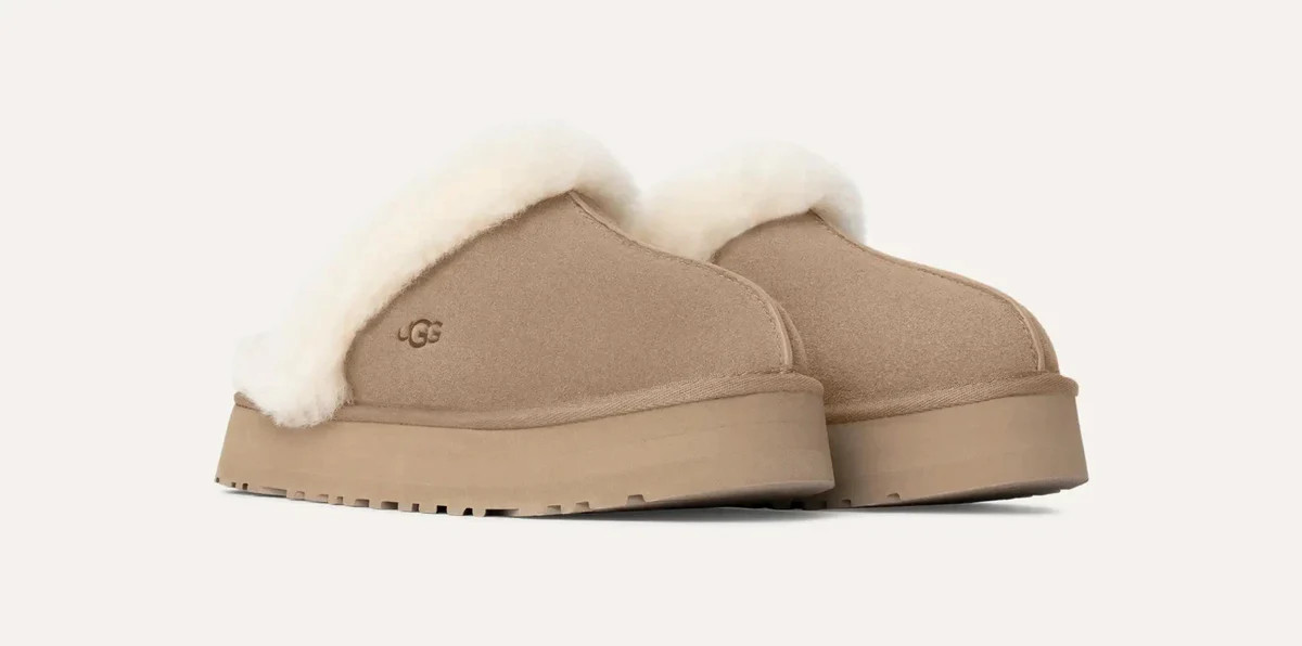 Women's UGG Disquette 1122550-SAN Slippers Sand Suede Sheepskin Platform GUG234 | Shop Simon