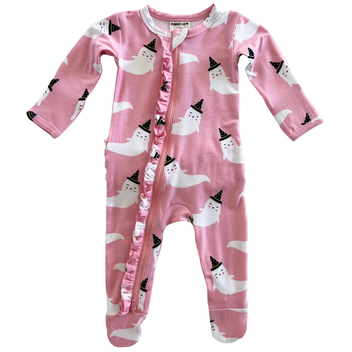 2-Way Ruffle Zip Footie, Pink Ghost | SpearmintLOVE