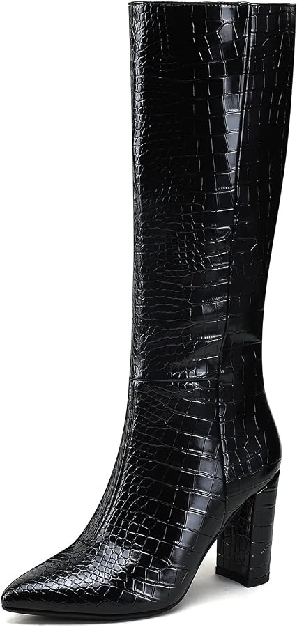 Modatope Knee High Women's Riding Boots - Tall, Long Calf High GoGo Chunky Faux Crocodile Boots -... | Amazon (US)