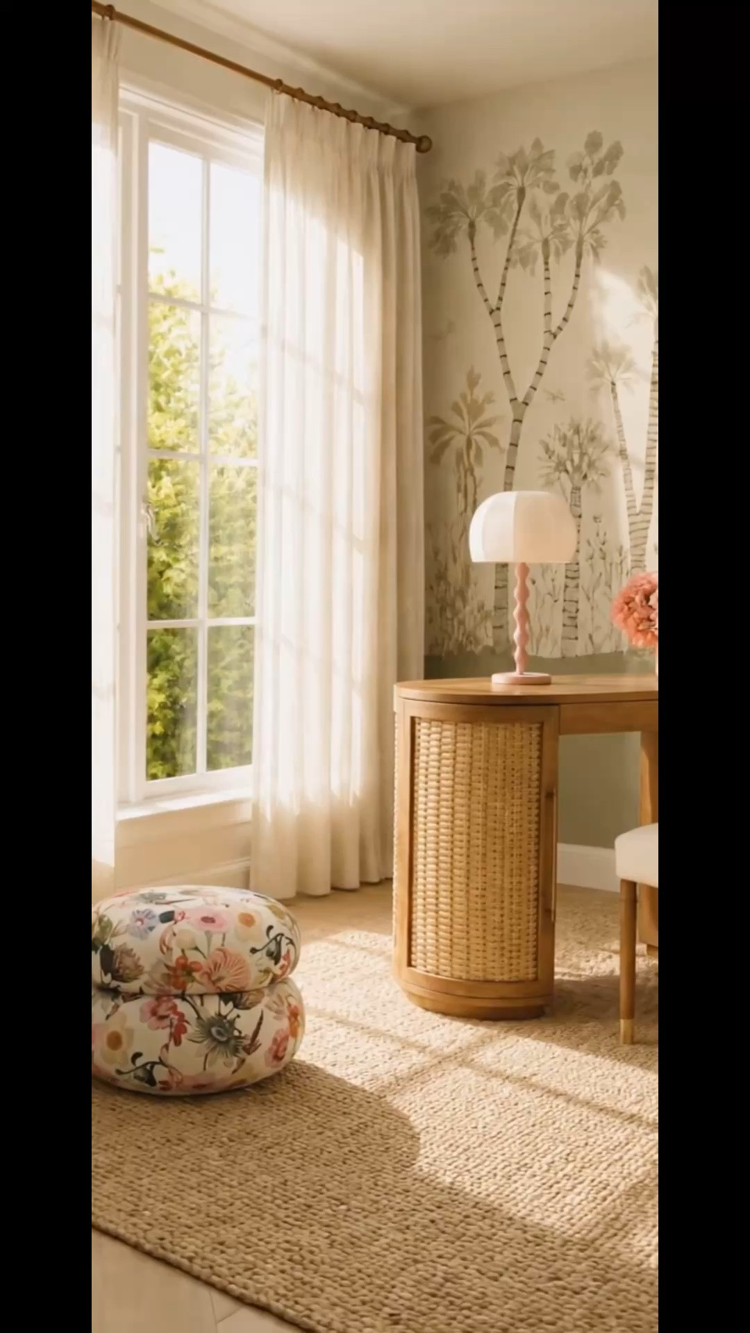 A home office designed to help you feel calm, focused, and connected to nature. The natural landscape mural creates a serene backdrop, bringing the feeling of the outdoors into your workspace while encouraging focus and productivity.

The rattan executive writing desk and coordinating rattan chair add warmth, texture, and relaxed elegance, while the natural jute rug grounds the room with an organic feel. Sheer drapes softly filter the sunlight, creating a bright, comfortable environment that feels peaceful throughout the working day.

A floral ottoman introduces a playful layer of pattern, while the artwork adds color and personality. The sculptural table lamp brings function and a soft feminine detail, and the flower arrangement completes this inviting, nature-inspired workspace.

Anthropologie Home is up to 30% off, plus from August 7–9, take an extra 40% off all sale items—a great time to shop many of the pieces featured in this space before they’re gone.

#HomeOffice #WritingDesk #ExecutiveDesk #RattanDesk #RattanChair #JuteRug #SheerDrapes #Mural #Wallpaper #Ottoman #WallArt #Artwork #TableLamp #FlowerArrangement #AnthropologieHome #NaturalTextures #InteriorDesign #WorkFromHome #LTKHome

#LTKdayinmylife #LTKHome #LTKSaleAlert