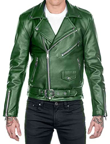 Prime-Fashion Mens Classic Brando Motorcycle Rider Green Biker Real Leather Jacket, X-Large | Amazon (US)