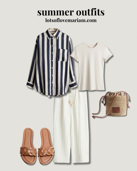 Summer outfit idea - oversized linen shirt, white linen trousers, basic t shirt (these are the BEST skims dupe fitted tops!), mini straw bag, brown sandals - everything you need in a summer capsule wardrobe 

#LTKmodest #LTKstyletip #LTKsummer