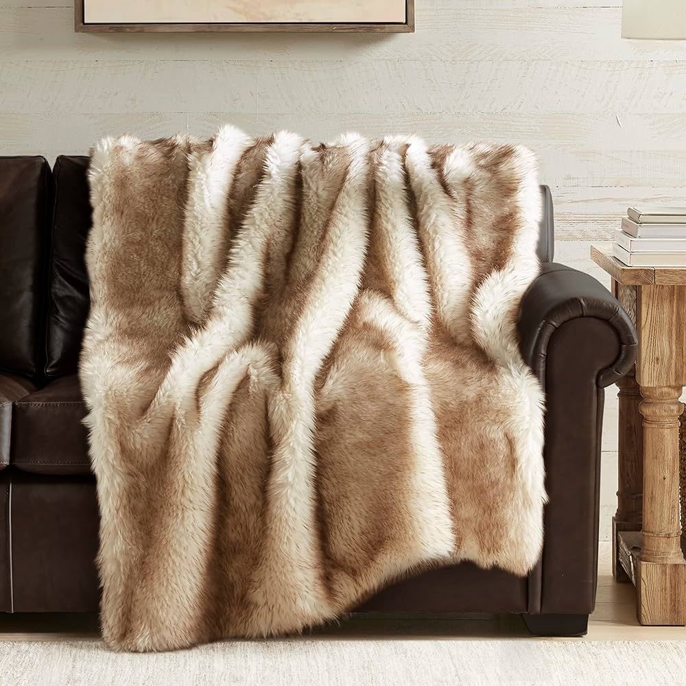 Hyde Lane Faux Fur Throw Blanket - Ultra Long Pile, Luxury Fluffy Fox Golden with Brown Tipped Bl... | Amazon (US)