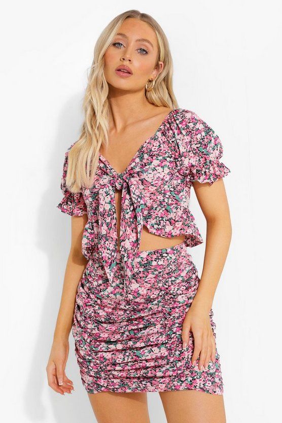 Ditsy Floral Knot Crop & Ruched Skirt Set | Boohoo.com (US & CA)