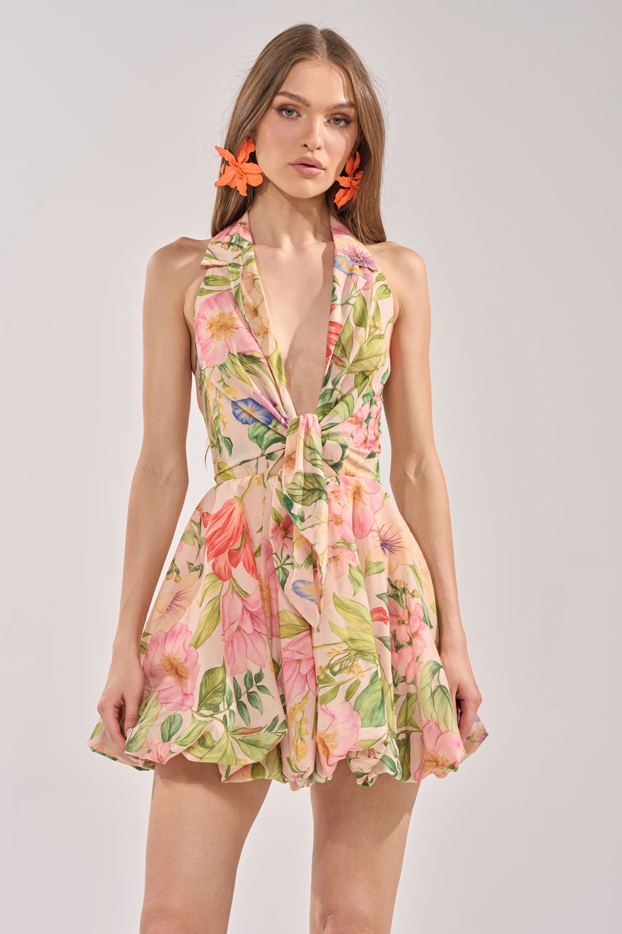 SOFT LAUNCH FLORAL MINI DRESS IN BEIGE | AKIRA